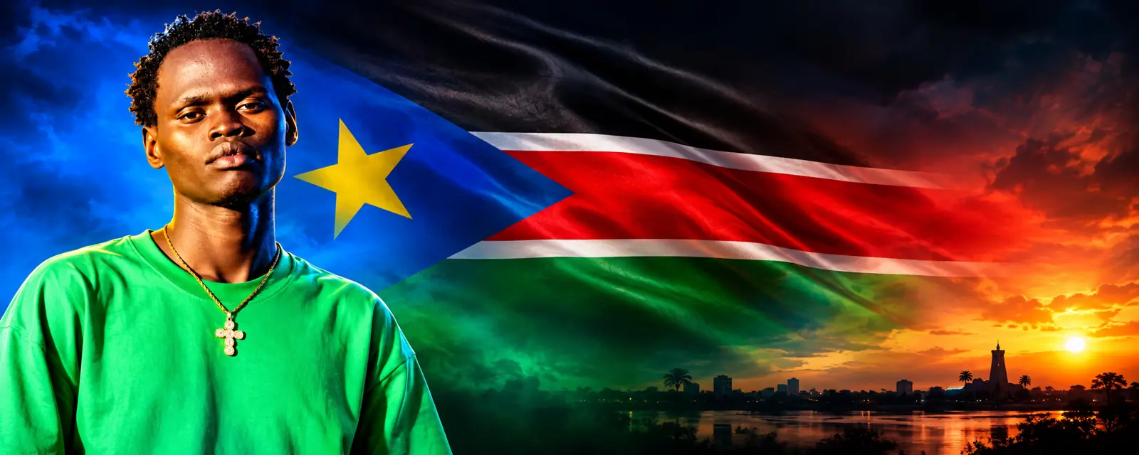 Xtion Jerry in front of the South Sudan flag at sunset